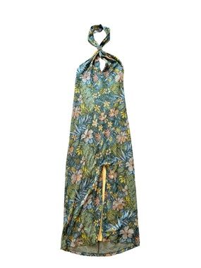 Le Superbe Tropical Peacock Floral Jacquard Halter Maxi Dress Size Small